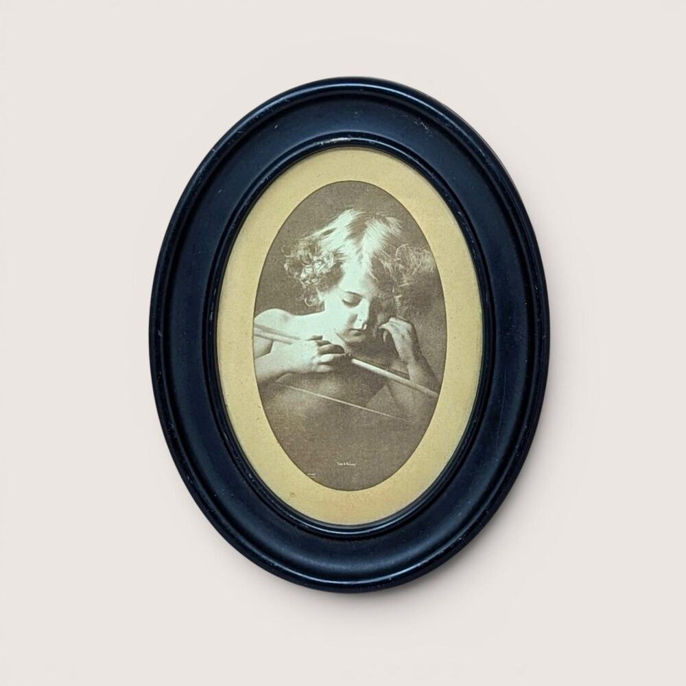 Vintage M.B. Parkinson Cupid Asleep Print Oval Black Wood Frame 1950s Art
